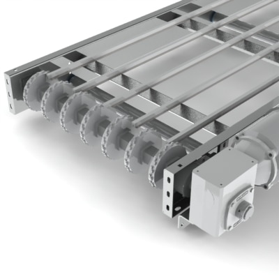 Model 2400 plastic belt conveyor close-up. FEI Conveyors.