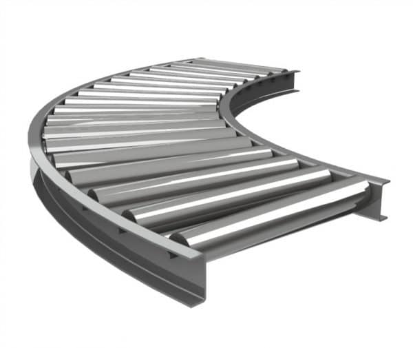 Stainless steel curved conveyor. FEI Conveyors.