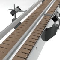 Close-up of straight tabletop conveyor. FEI Conveyors.