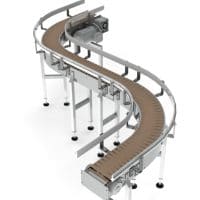Close-up of curved tabletop conveyor. FEI Conveyors.